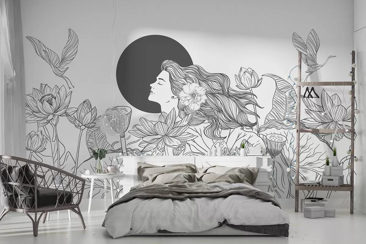murales de pared Mujer en la naturaleza, dibujo lineal, flores de loto, hojas grandes, pájaros voladores, color gris w07988v2