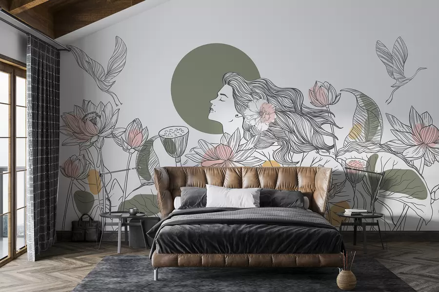 murales de pared Mujer en la naturaleza, dibujo lineal, flores de loto, hojas grandes, pájaros voladores, colores pastel w07988v6