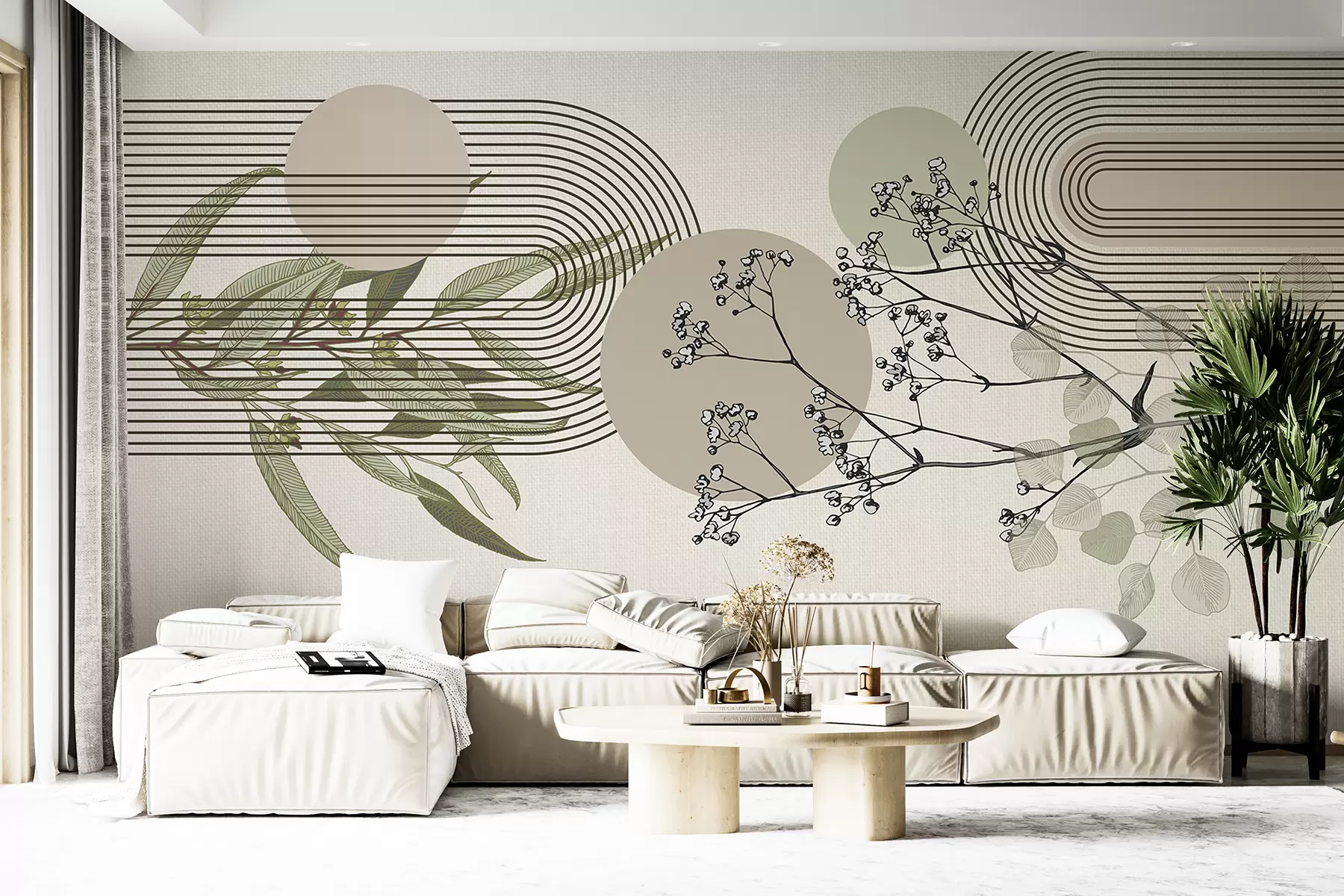murales de pared Una abstracción minimalista con formas orgánicas, ramas de árboles estilizadas o plantas con delicados detalles florales. w07979