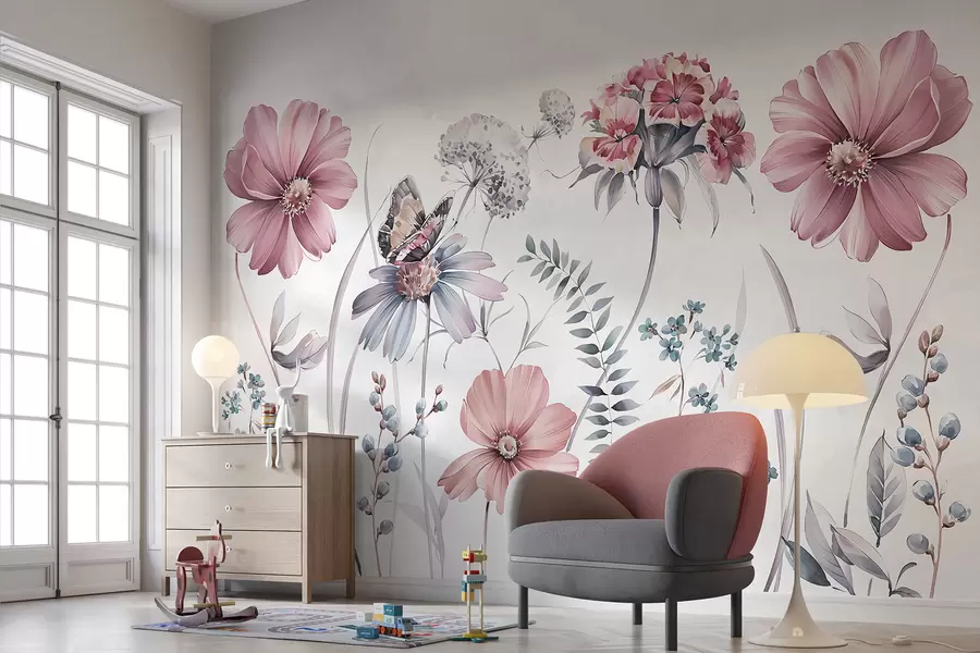 murales de pared Grandes flores y plantas delicadas con mariposa w07905