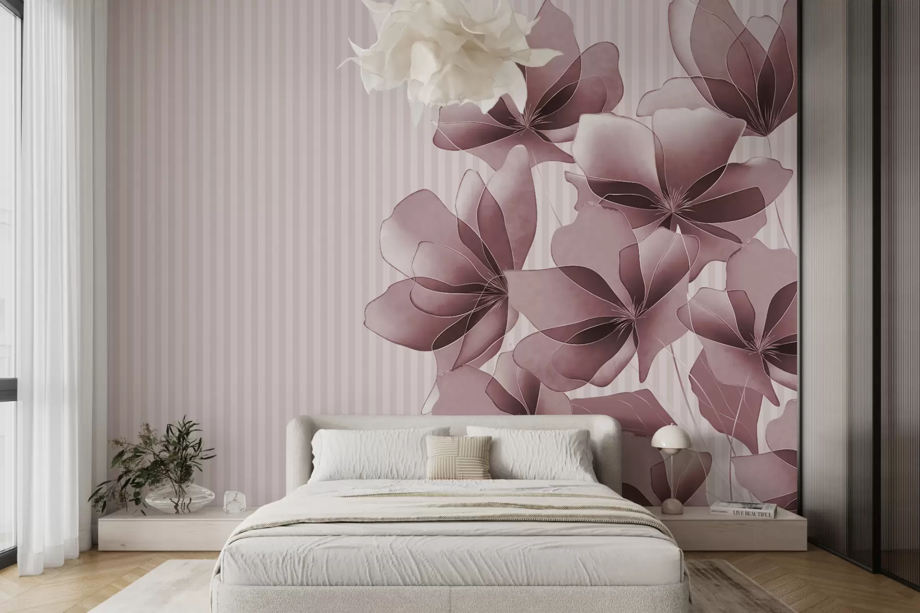 murales de pared delicadas flores rosadas sobre un fondo rayado w08040v1