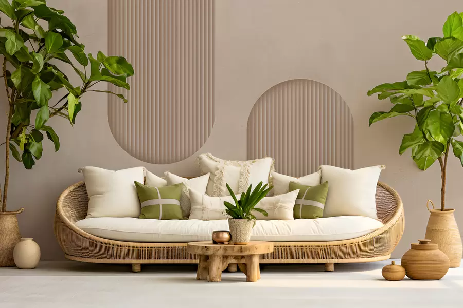 murales de pared Papel pintado texturizado Art Déco en cálidos tonos beige. Imitación de arcos volumétricos.    w08048