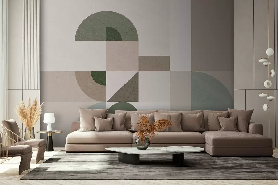 murales de pared Geometría texturizada abstracta en estilo Art Déco en tonos beige, marrón y verde w08049