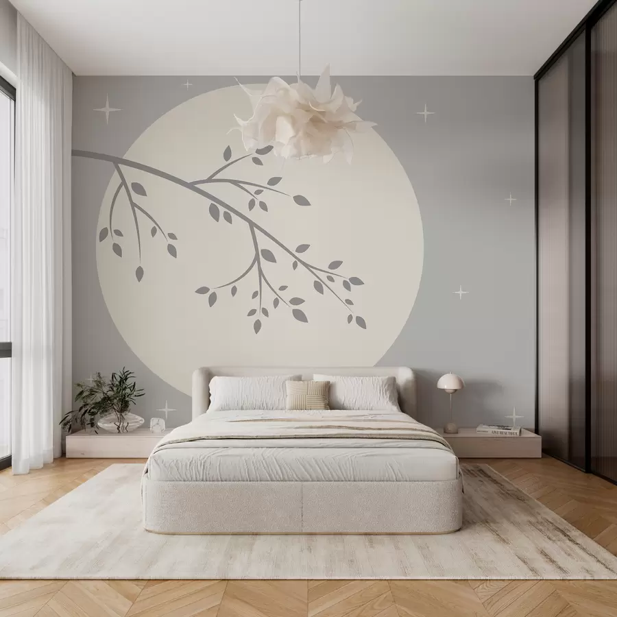 murales de pared Patrón abstracto con rama y estrellas en color gris. w08018v1