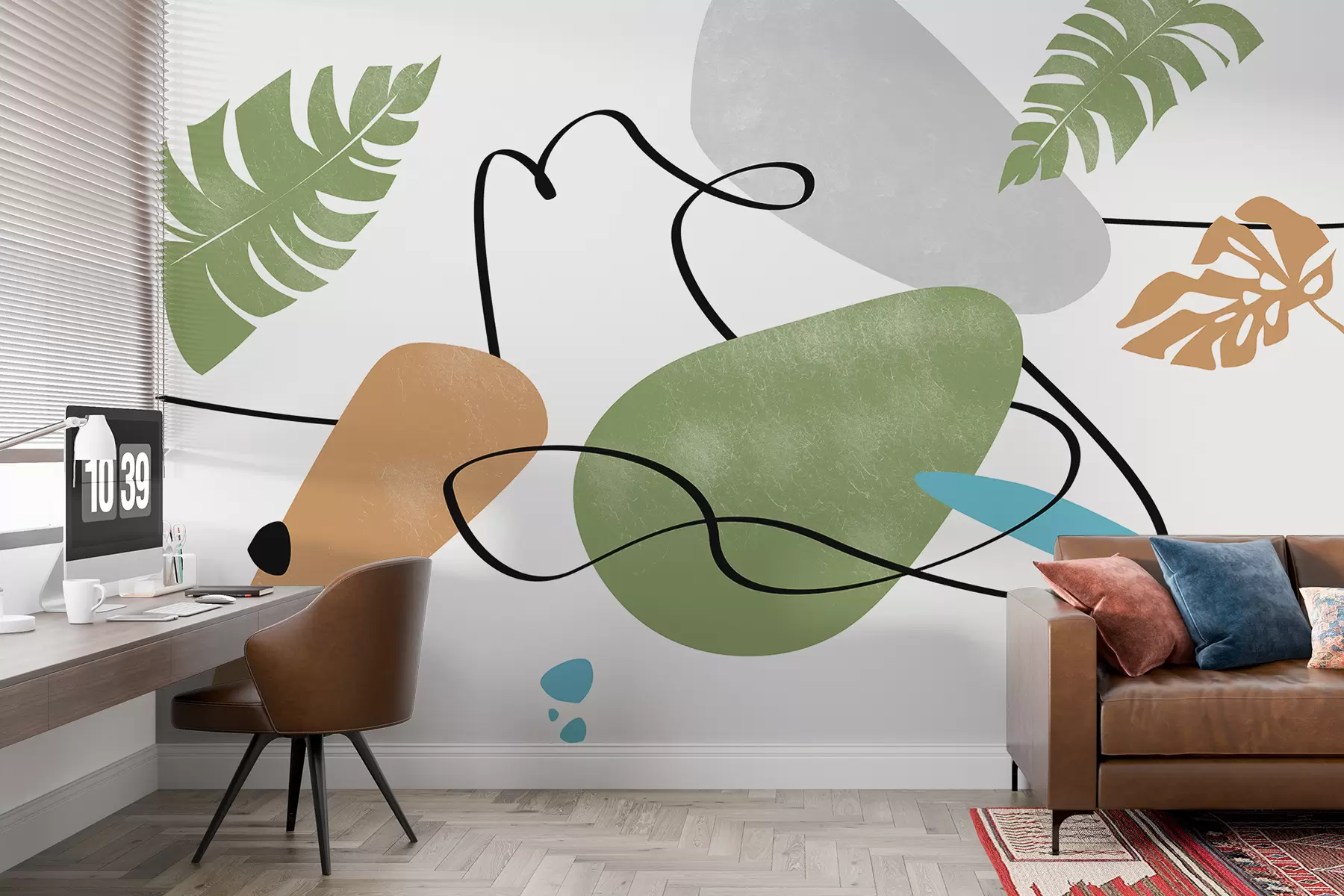 murales de pared Abstracción de formas redondas, manchas, líneas curvas, hojas tropicales, colores verde, gris, azul, beige. w08090