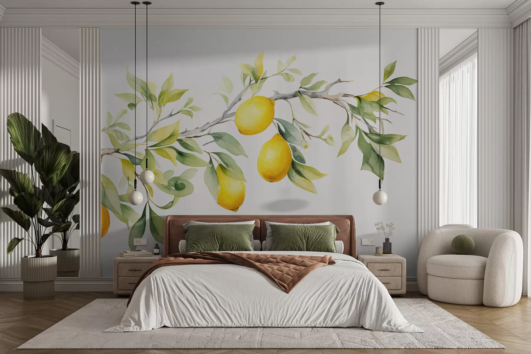 murales de pared Rama de acuarela con hojas y frutos de limón. w08096