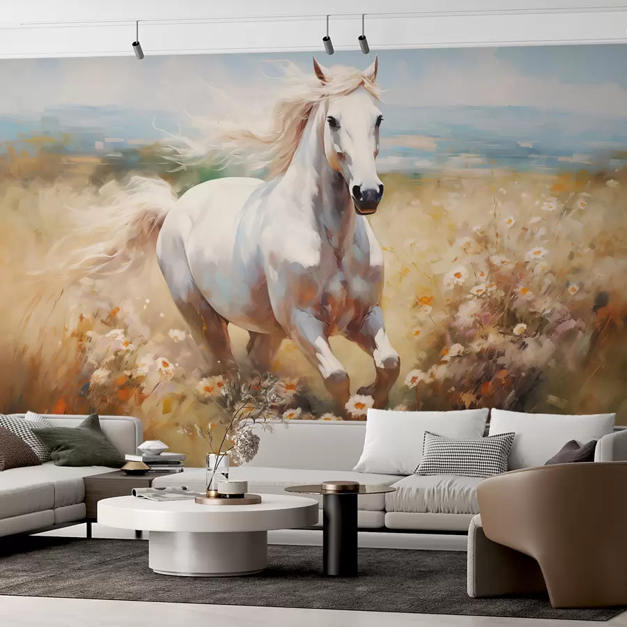 murales de pared Caballo blanco galopando por el cuadro al óleo del prado w08118