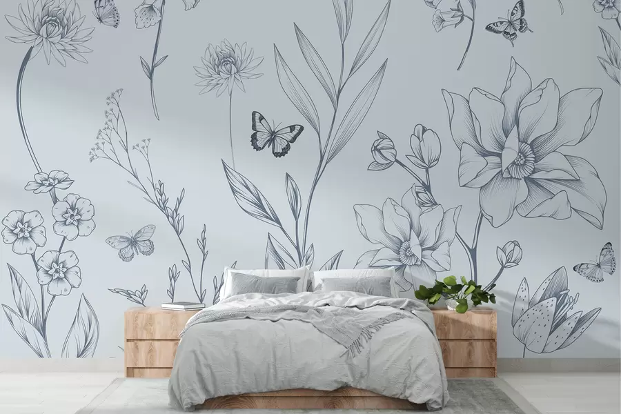 murales de pared Flores y mariposas monocromáticas boho en azul w08088v2