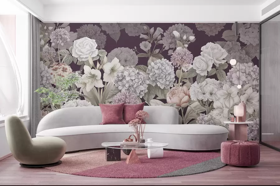 murales de pared Mágico jardín de verano sobre un fondo carmesí w08140v2