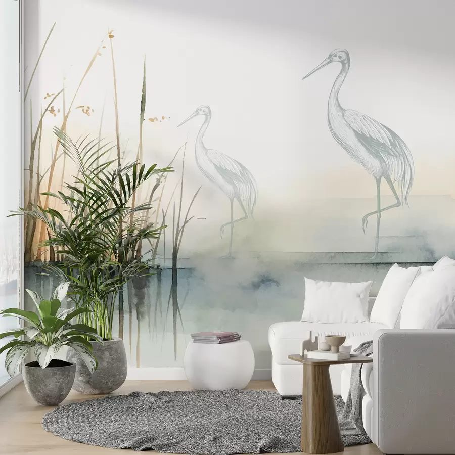 murales de pared Cañas y garzas de acuarela w08078