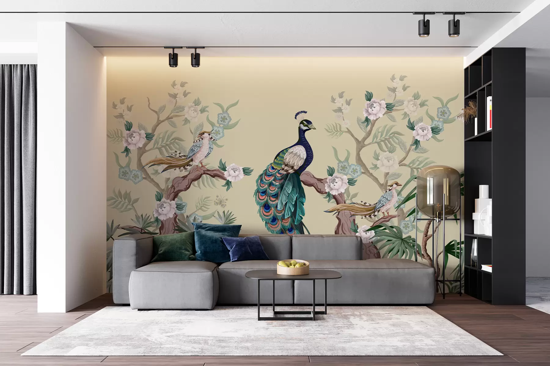 murales de pared pavo real sobre un árbol, fondo beige w08168