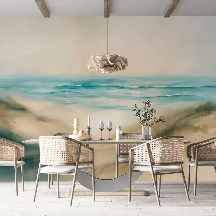 murales de pared Paisaje abstracto en colores pastel, playa, mar, paleta de colores aguamarina y beige, pinceladas w08141v1