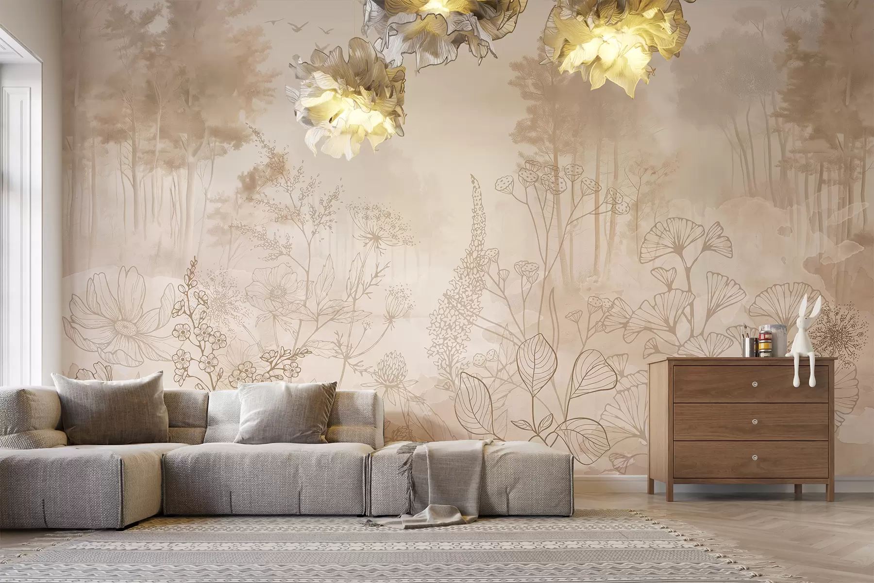 murales de pared Paisaje forestal con flores silvestres, arte lineal, realismo, árboles, naturaleza, paleta de colores beige w08142