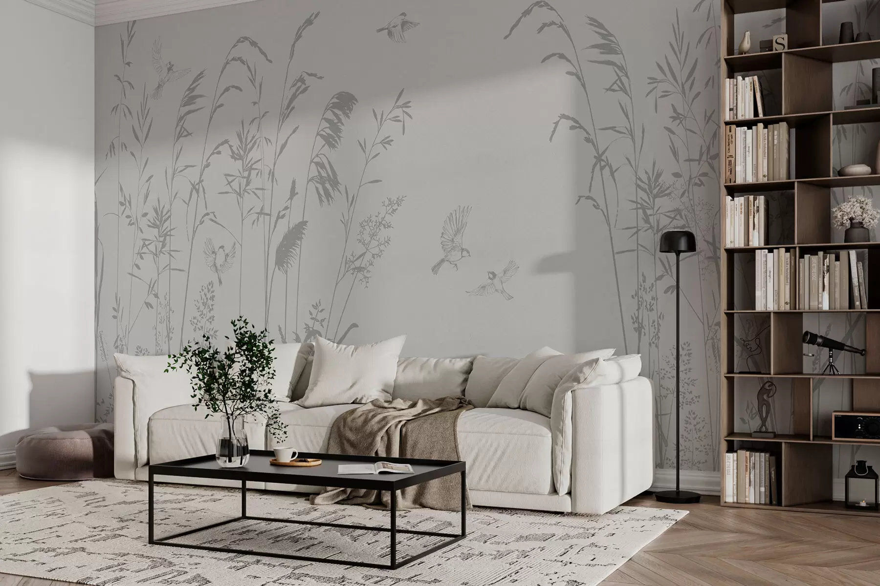 murales de pared Plantas y pájaros pequeños naturaleza minimalismo color gris. w08172v1