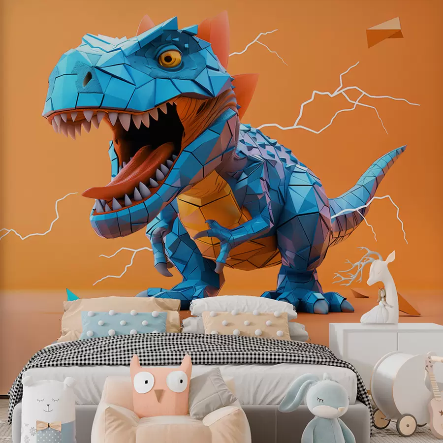 murales de pared Dinosaurio feroz con un rayo en colores amarillo y azul w01333v1
