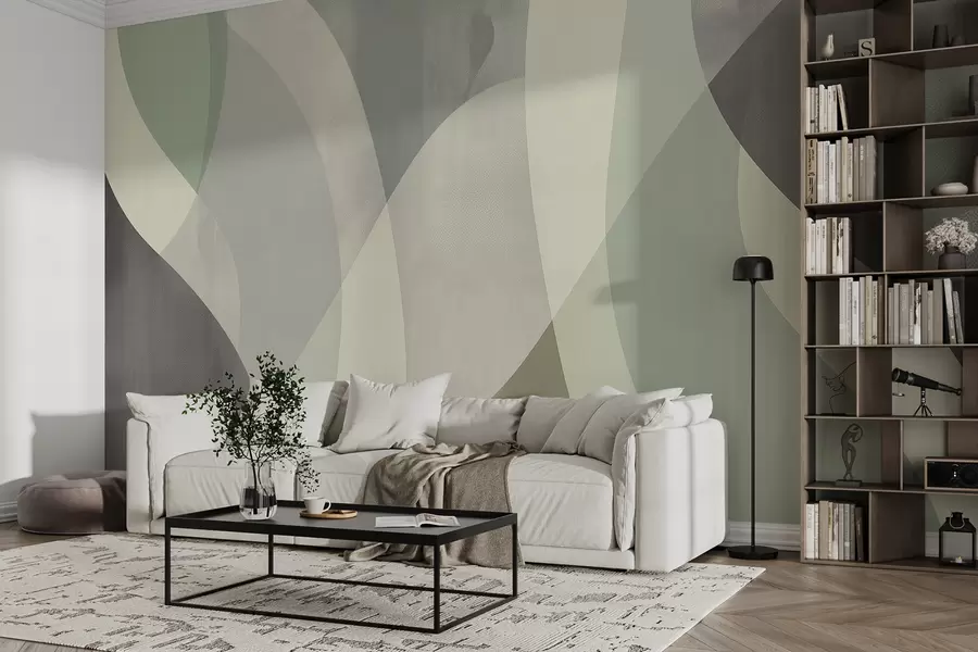 murales de pared Curvas suaves en tonos apagados con líneas fluidas y degradados verdes, minimalista y moderno w01334