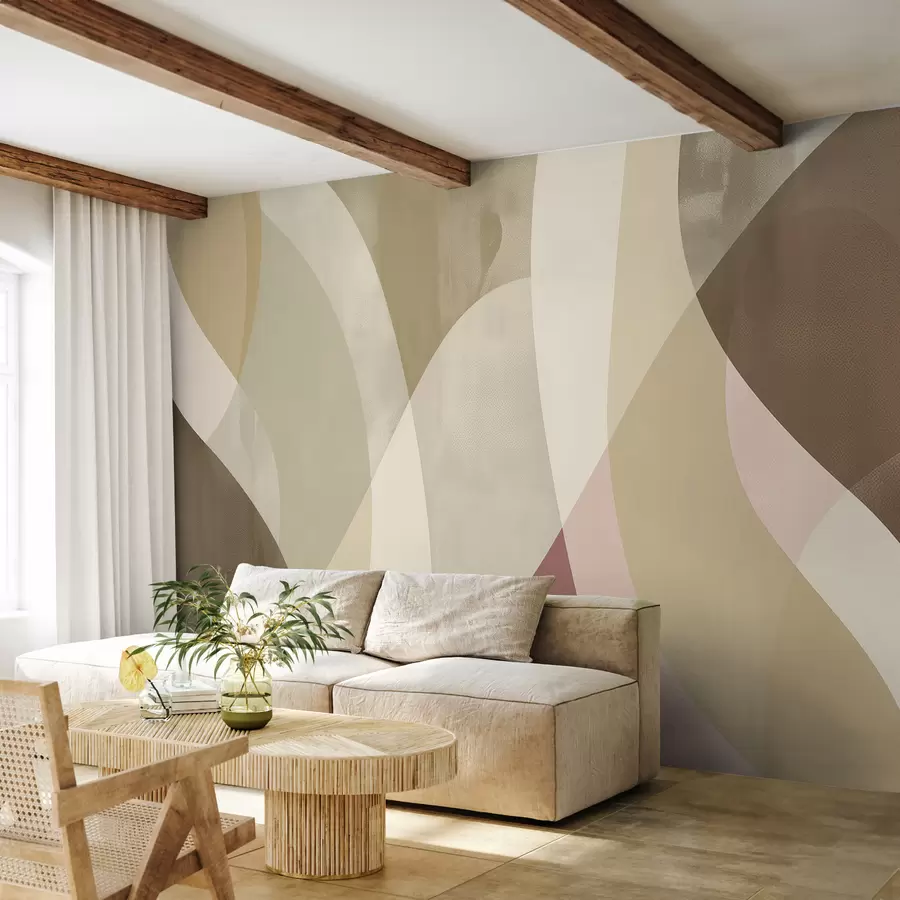 murales de pared Curvas suaves en tonos apagados con líneas fluidas y degradados beige, minimalista y moderno w01334v1