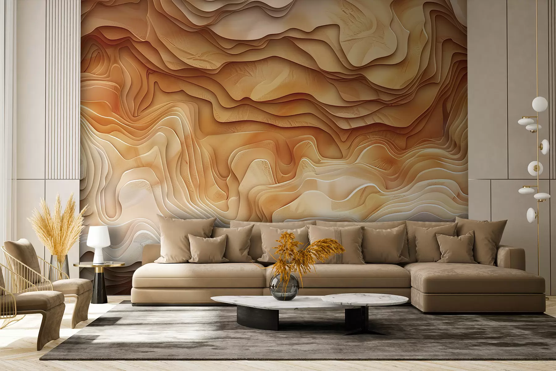 murales de pared Mapa topográfico 3D con contornos en relieve en tonos beige w01337v1