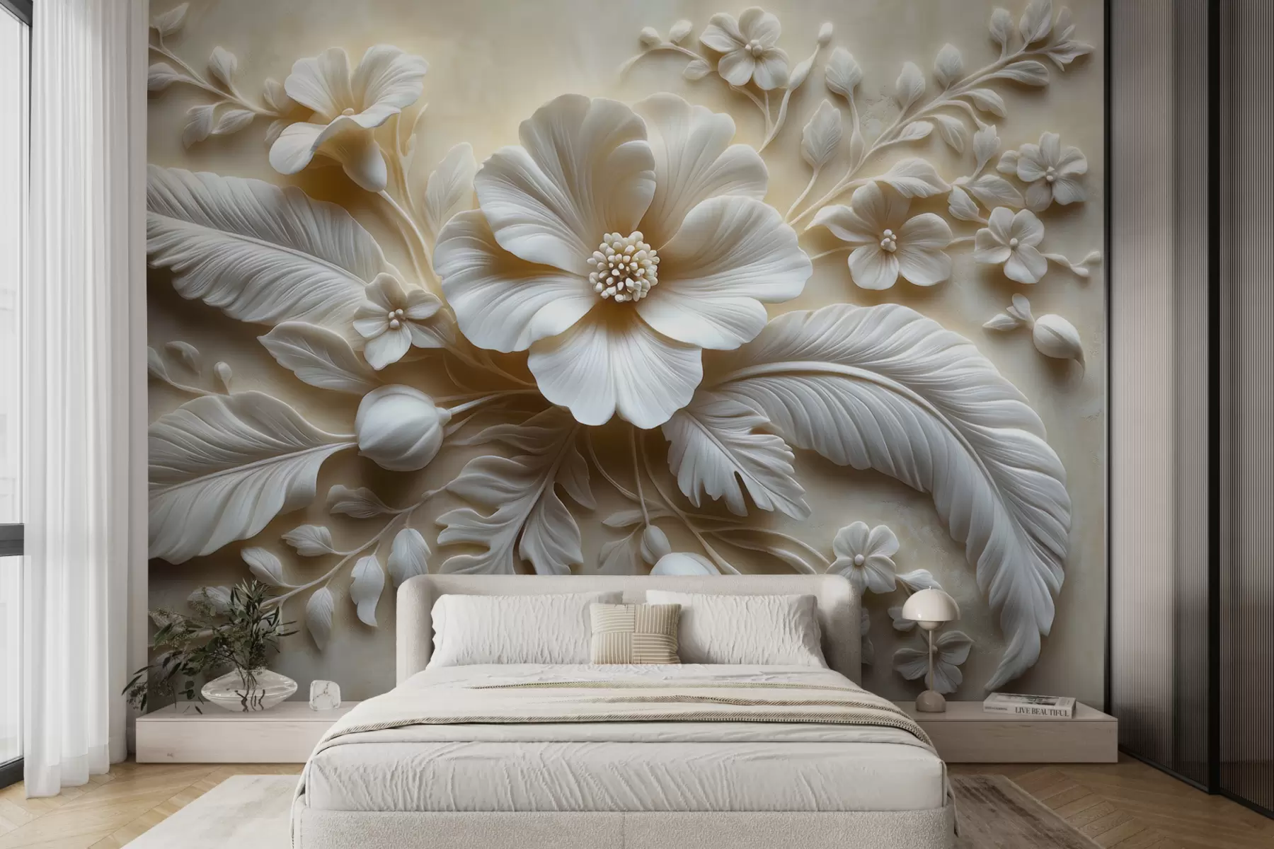 murales de pared Arte de pared en relieve 3D con plumas y flores, con una gran amapola en colores beige w01340