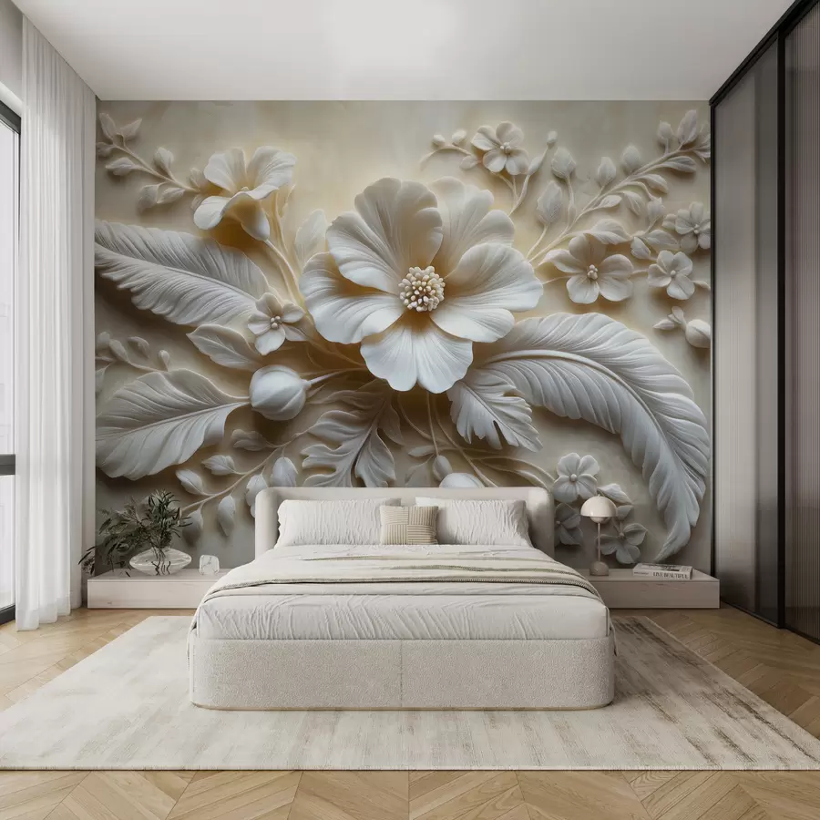 murales de pared Arte de pared en relieve 3D con plumas y flores, con una gran amapola en colores beige w01340