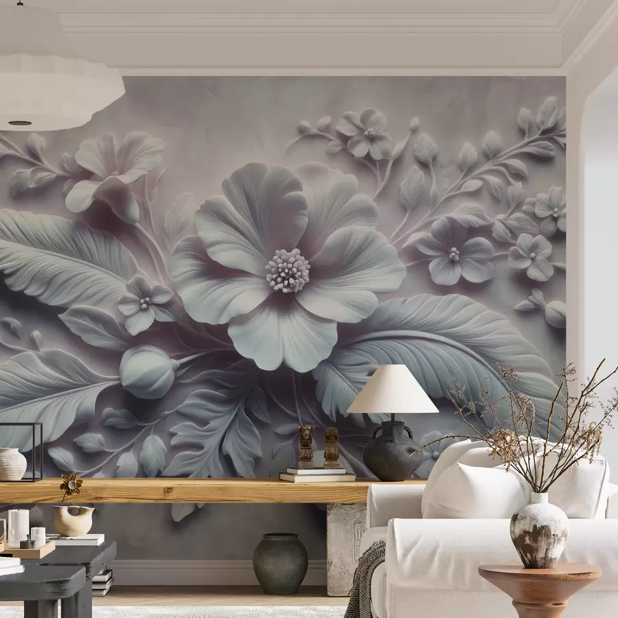 murales de pared Arte de pared en relieve 3D con plumas y flores, con una gran amapola en colores azul claro w01340v2
