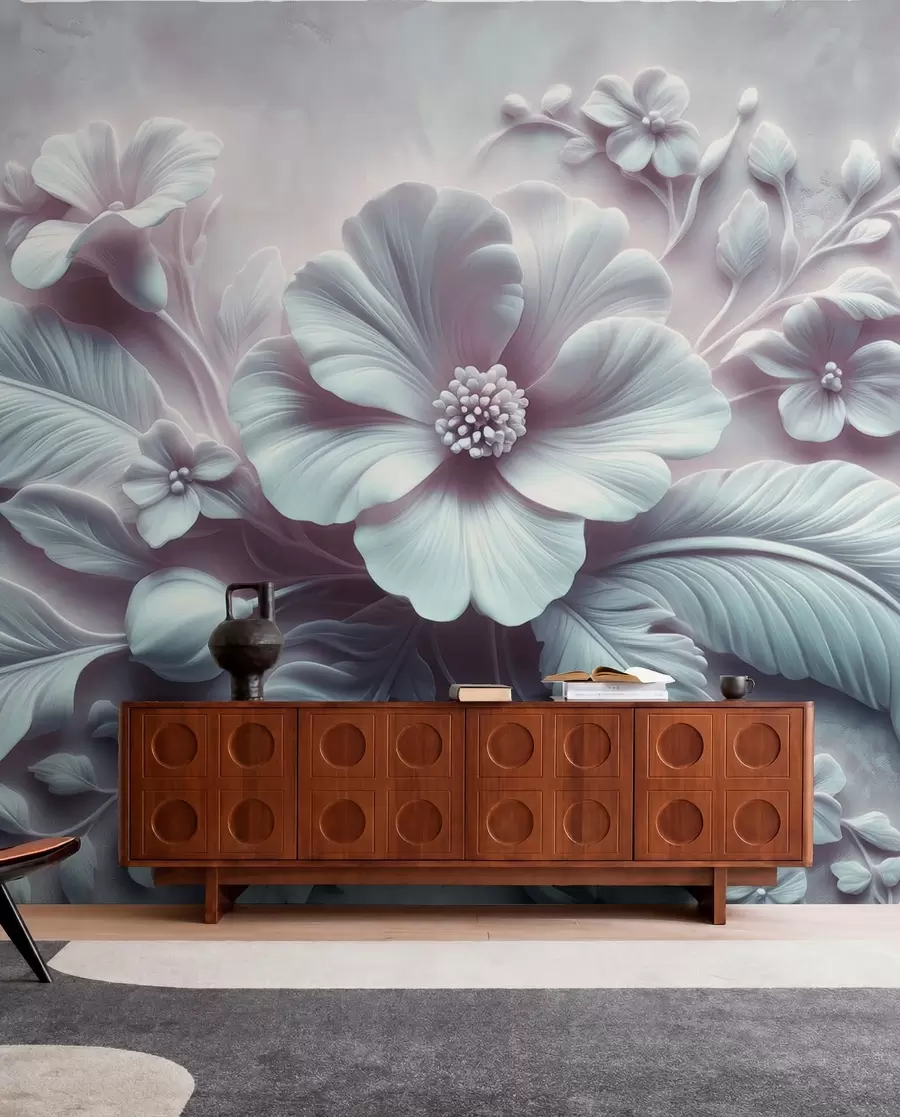 murales de pared Arte de pared en relieve 3D con plumas y flores, con una gran amapola en colores azul claro w01340v2
