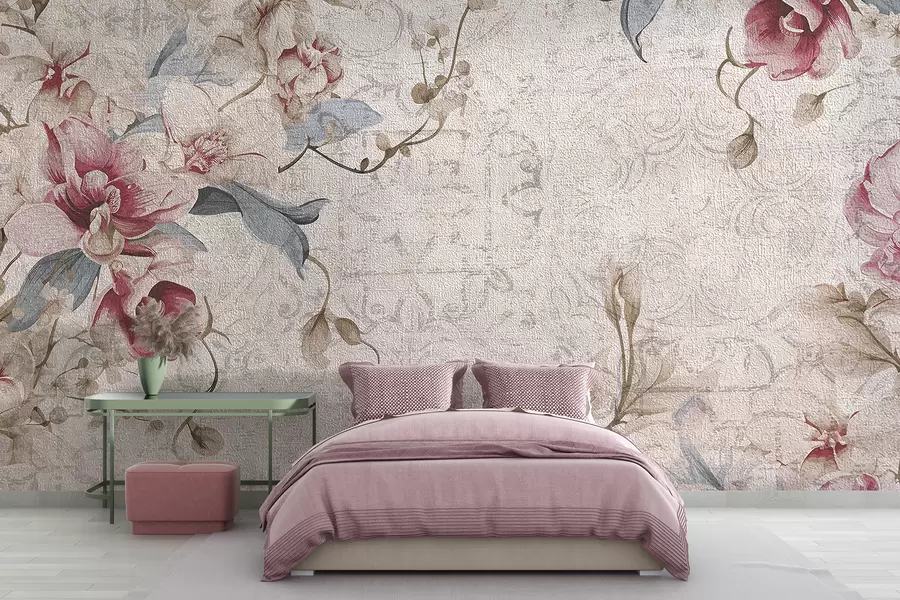 murales de pared Un patrón floral vintage con delicadas flores rosas y blancas, hojas sobre un fondo beige claro w08149
