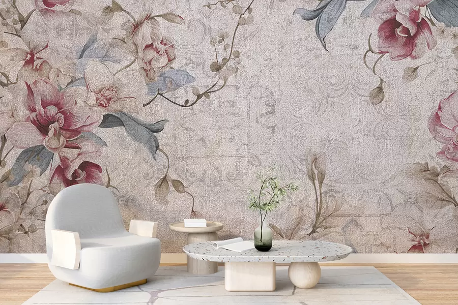 murales de pared Un patrón floral vintage con delicadas flores rosas y blancas, hojas sobre un fondo beige claro w08149