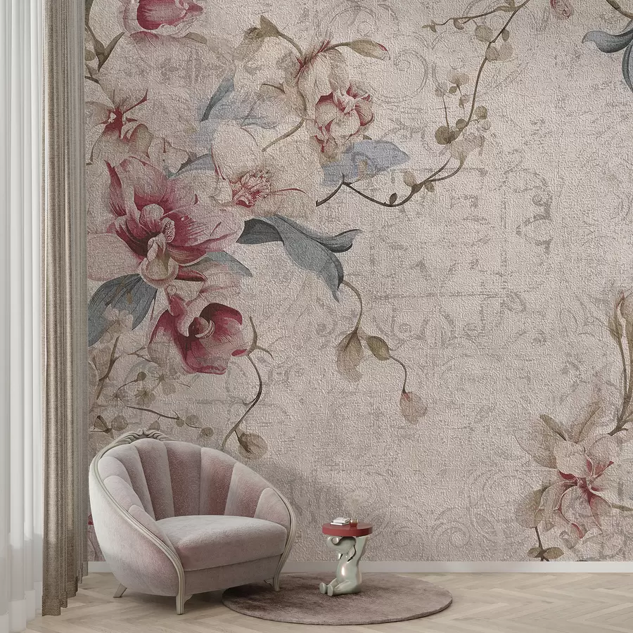 murales de pared Un patrón floral vintage con delicadas flores rosas y blancas, hojas sobre un fondo beige claro w08149