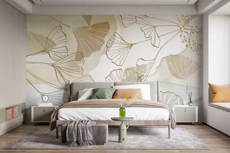 murales de pared Un patrón de delicadas hojas de ginkgo en tonos beige, tostado y azul sobre un fondo claro w08157