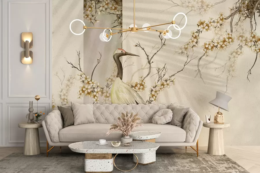 murales de pared Una grulla blanca parada sobre una rama con flores florecientes, contra un fondo suave y borroso w08159