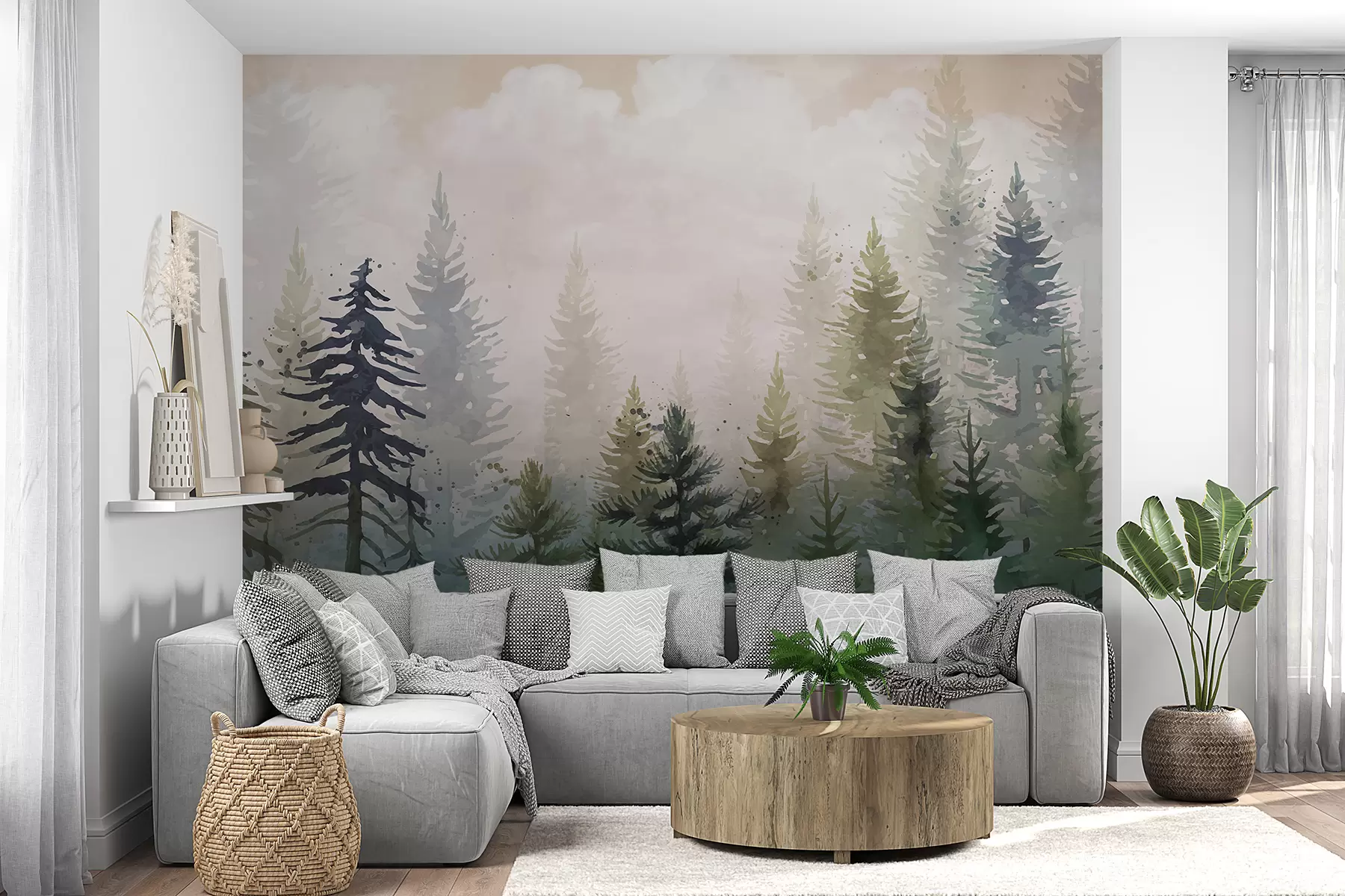 murales de pared Bosque de altos pinos de hoja perenne en un entorno brumoso y lleno de un paisaje de nubes suaves y brumosas w08160
