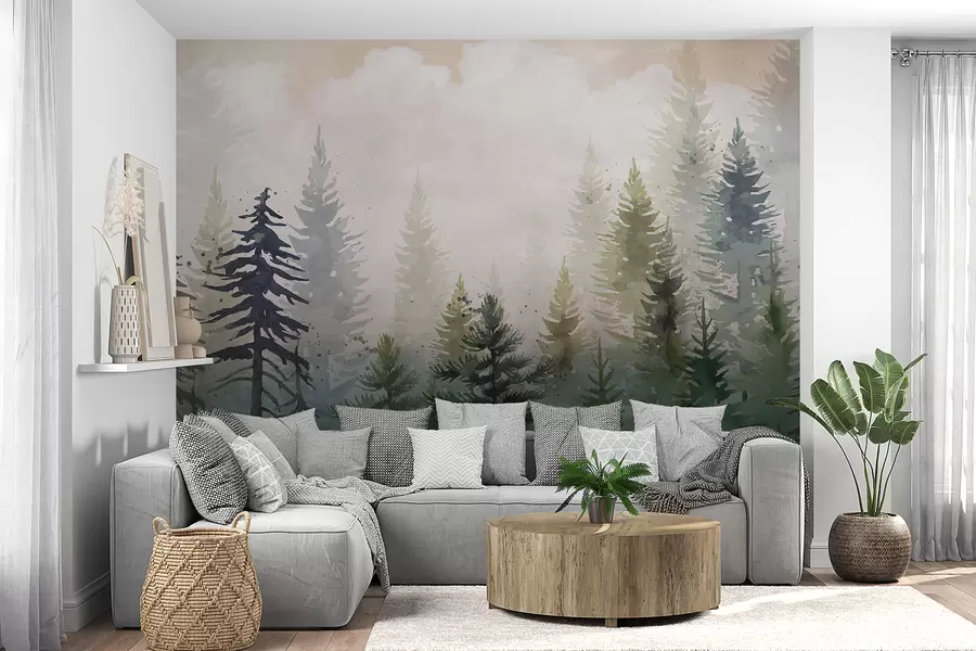 murales de pared Bosque de altos pinos de hoja perenne en un entorno brumoso y lleno de un paisaje de nubes suaves y brumosas w08160