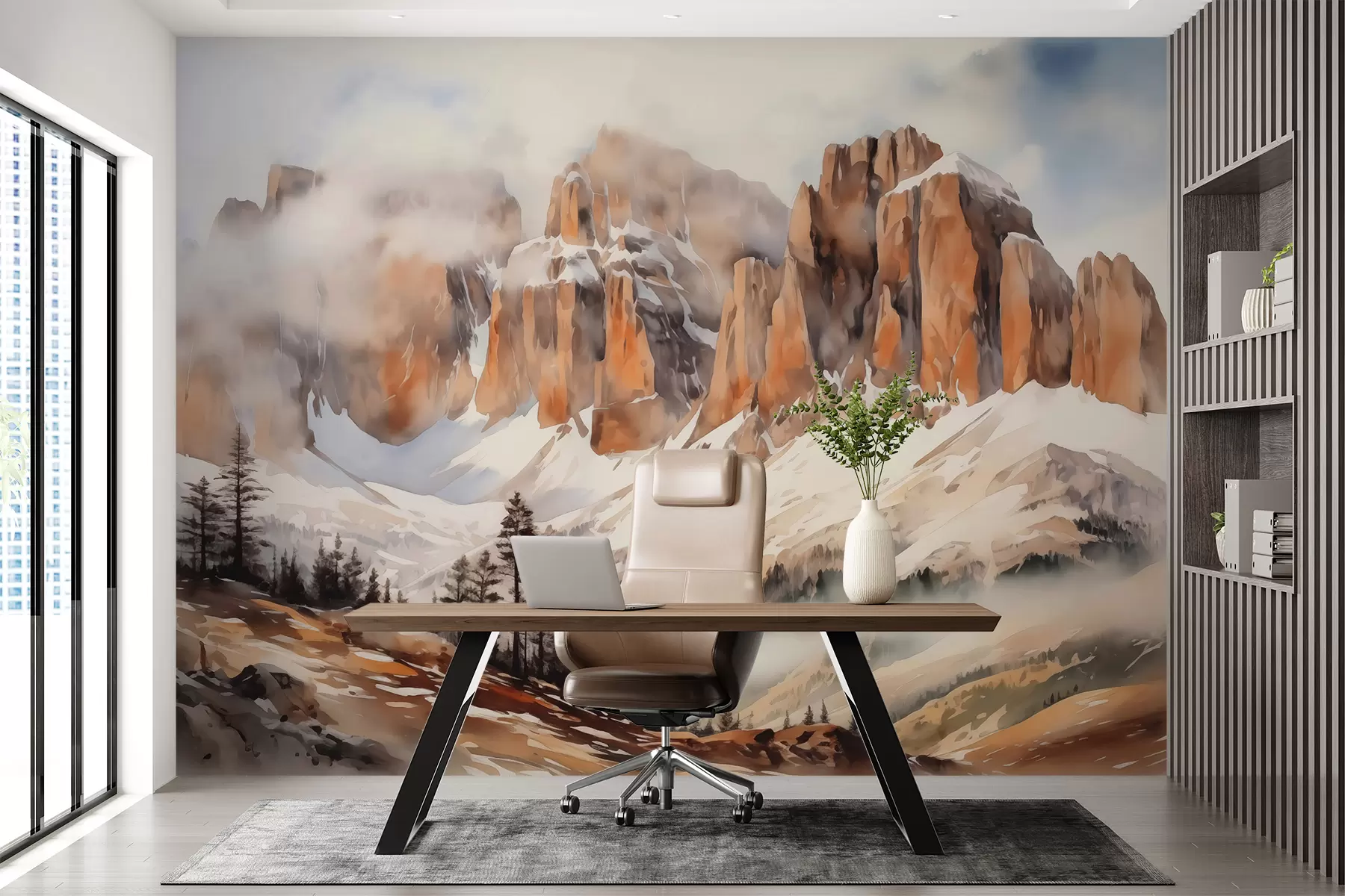 murales de pared Valle nevado al pie de las montañas Dolomitas acuarela w00945