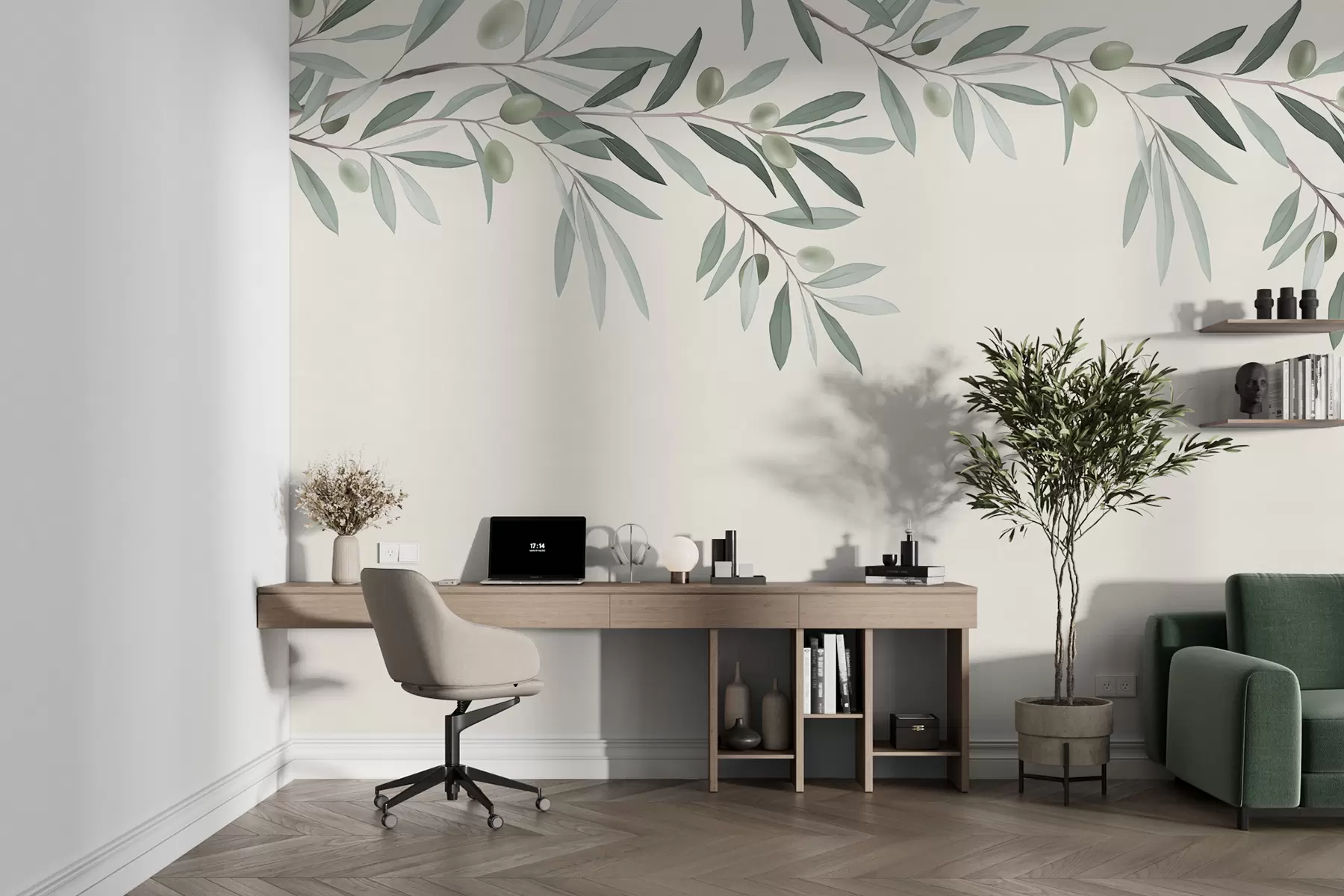 murales de pared Ramas de olivo sobre fondo beige w01368v1