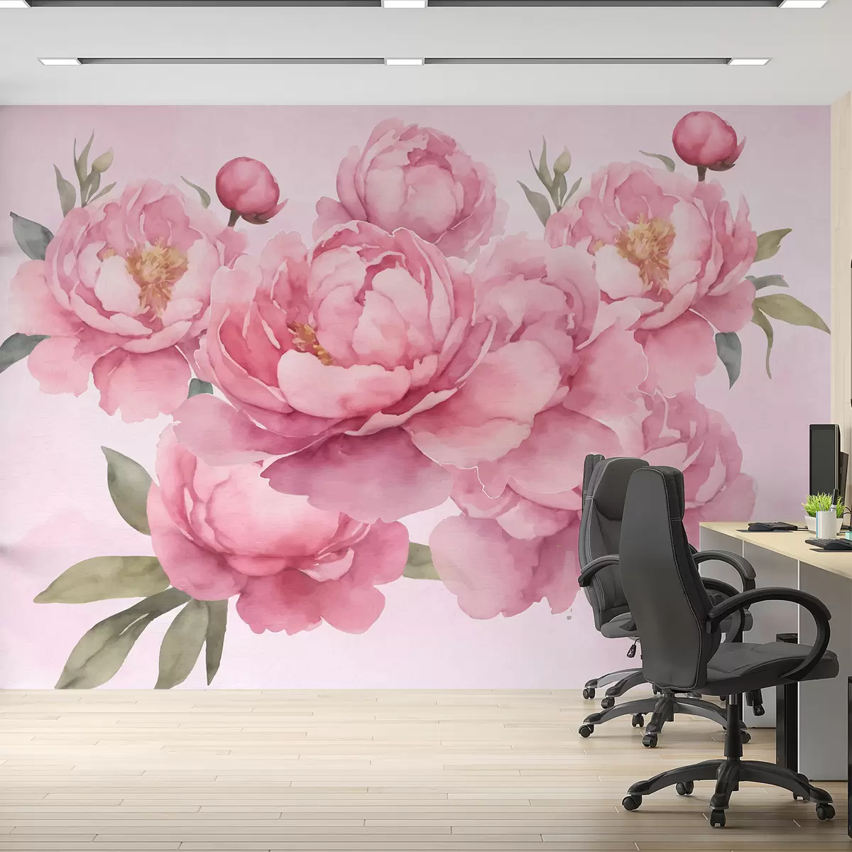 murales de pared Peonías rosas grandes con pinturas de acuarela. w01378