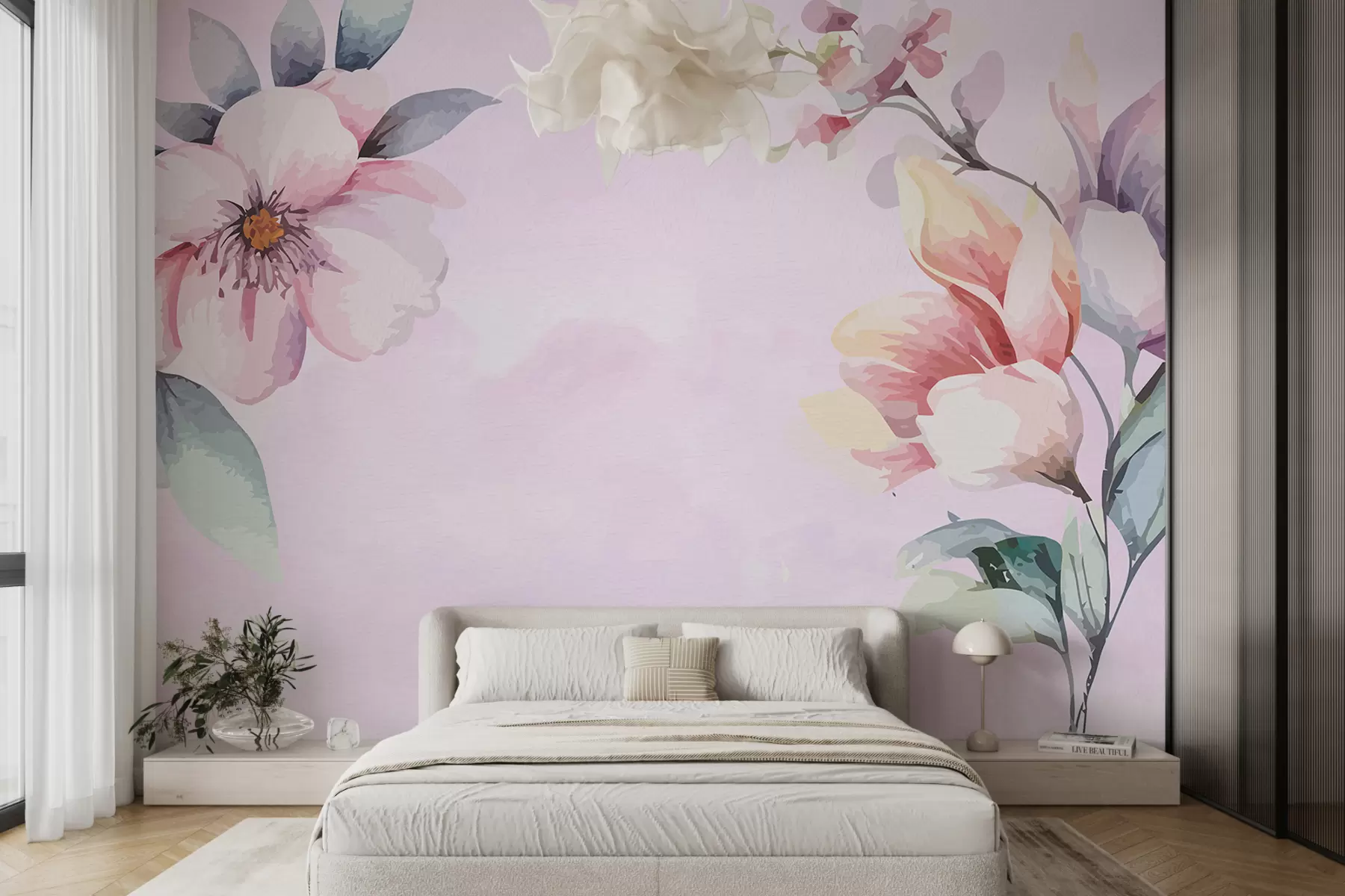 murales de pared Flores grandes sobre fondo rosa con pinturas de acuarela. w01382