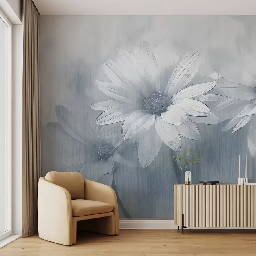 murales de pared flores grandes en una pared con textura en color azul w01374v1