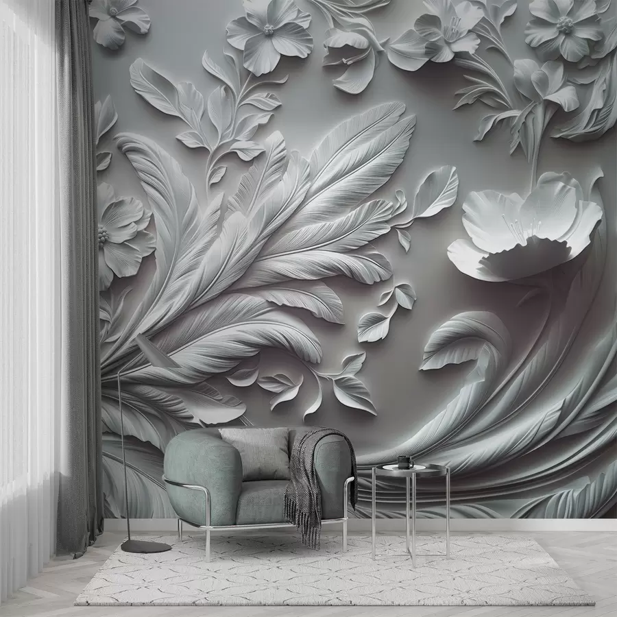 murales de pared Exquisitas flores y hojas en relieve en tonos grises. w01356v2