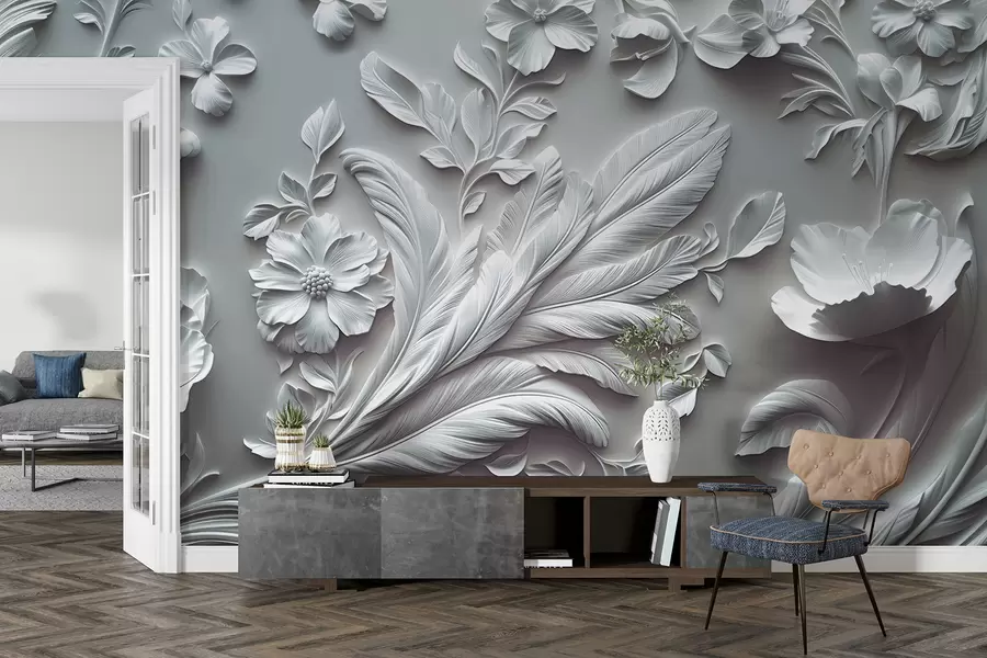murales de pared Exquisitas flores y hojas en relieve en tonos grises. w01356v2