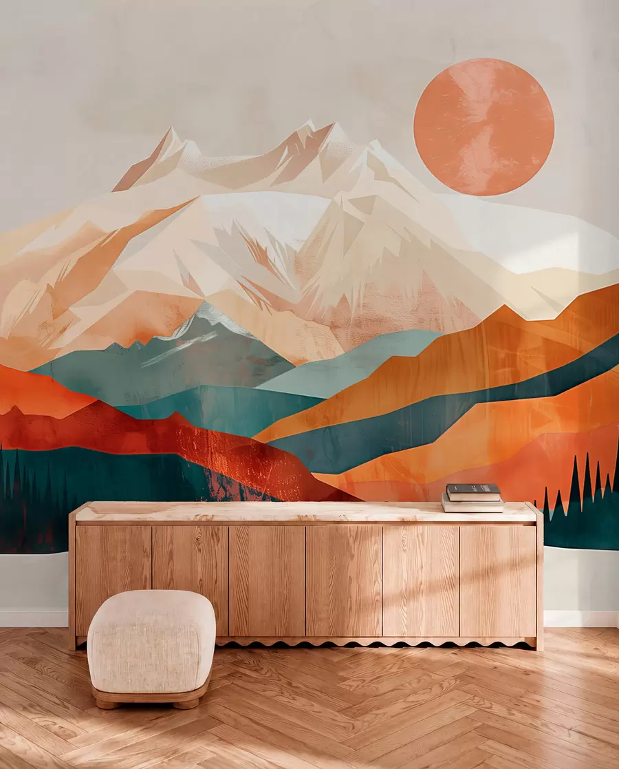 murales de pared Felicidad boho: un paisaje sereno de montañas, árboles y sol w01358