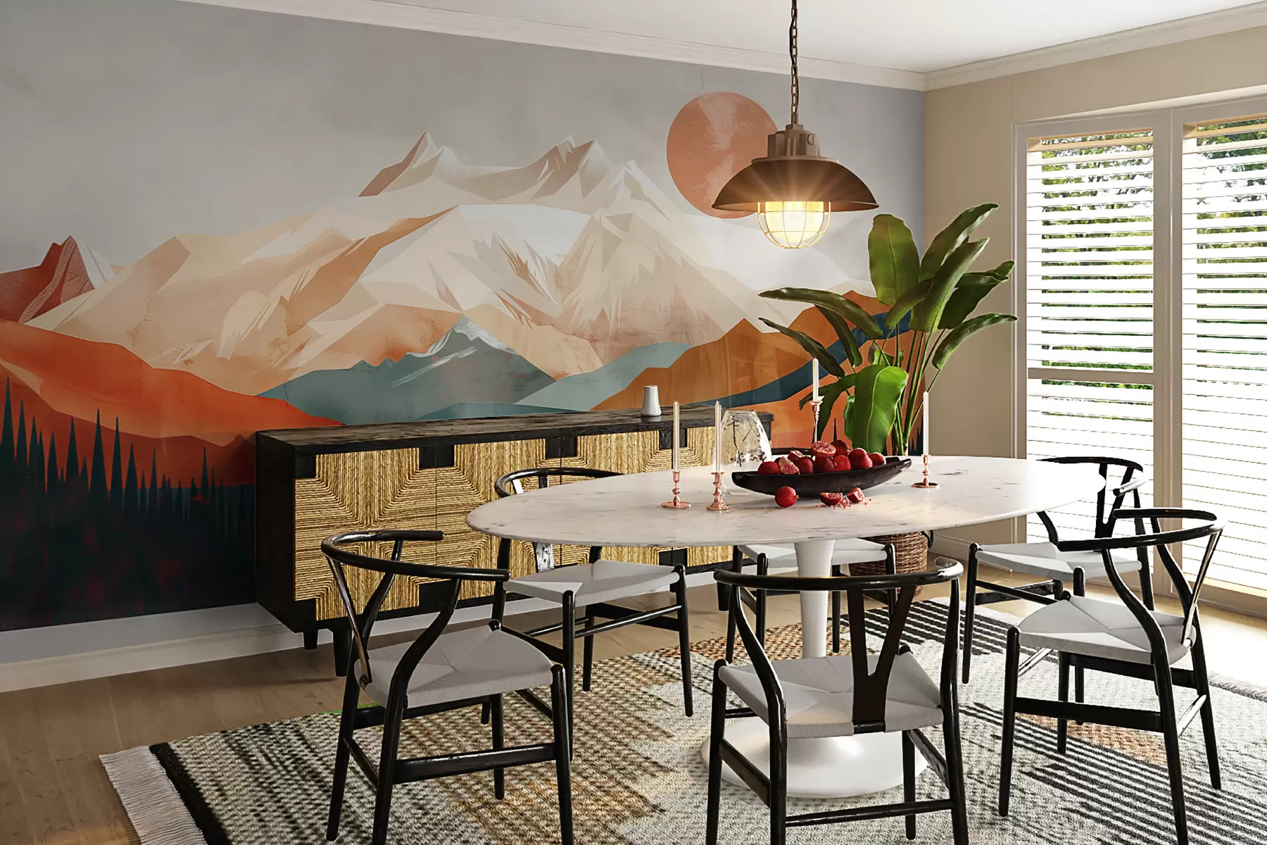 murales de pared Felicidad boho: un paisaje sereno de montañas, árboles y sol w01358