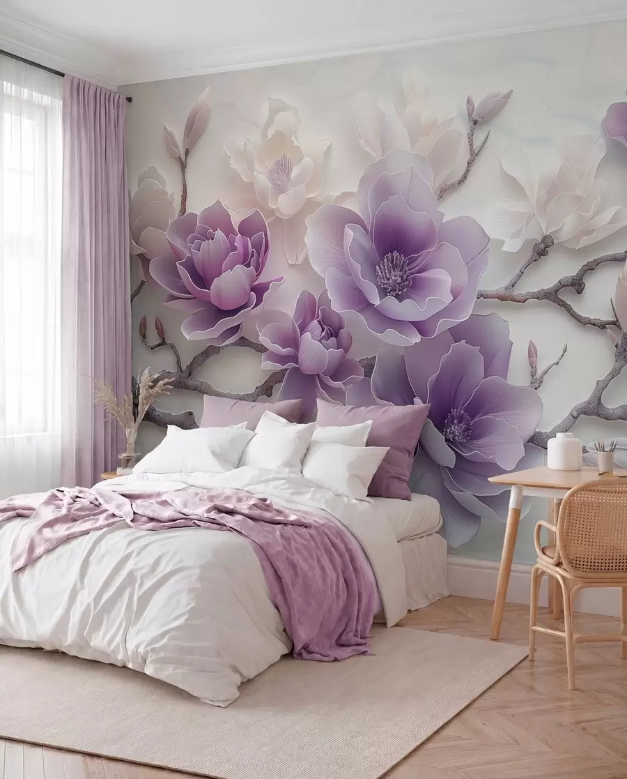 murales de pared Flores de magnolia con relieve morado en una rama elegante w01359