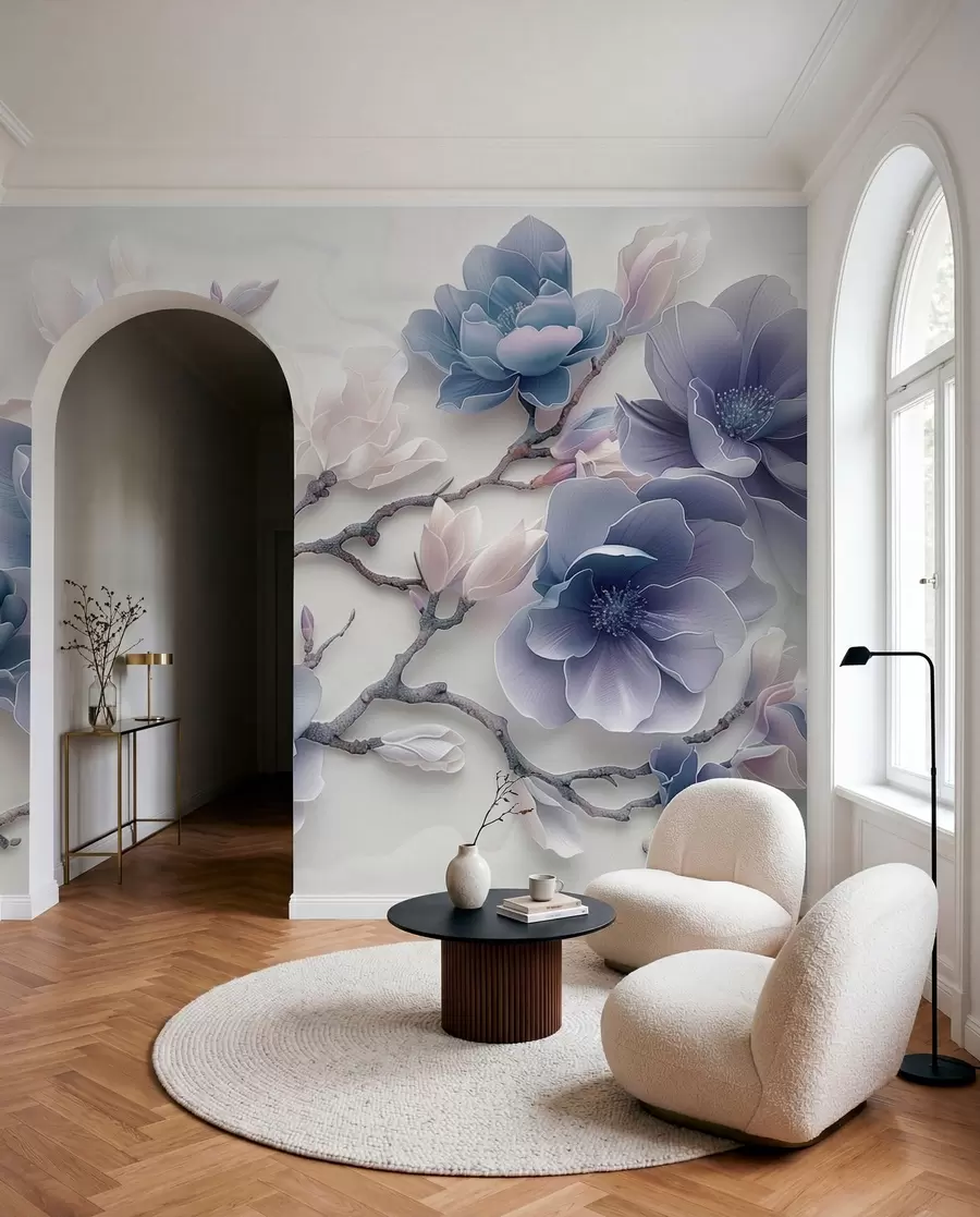 murales de pared Flores de magnolia en relieve azul sobre una rama elegante w01359v1