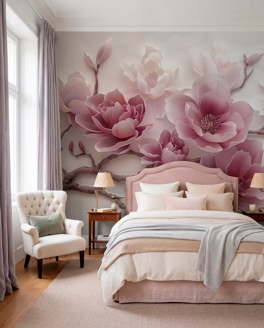 murales de pared Flores de magnolia rosadas en relieve en una rama elegante w01359v2