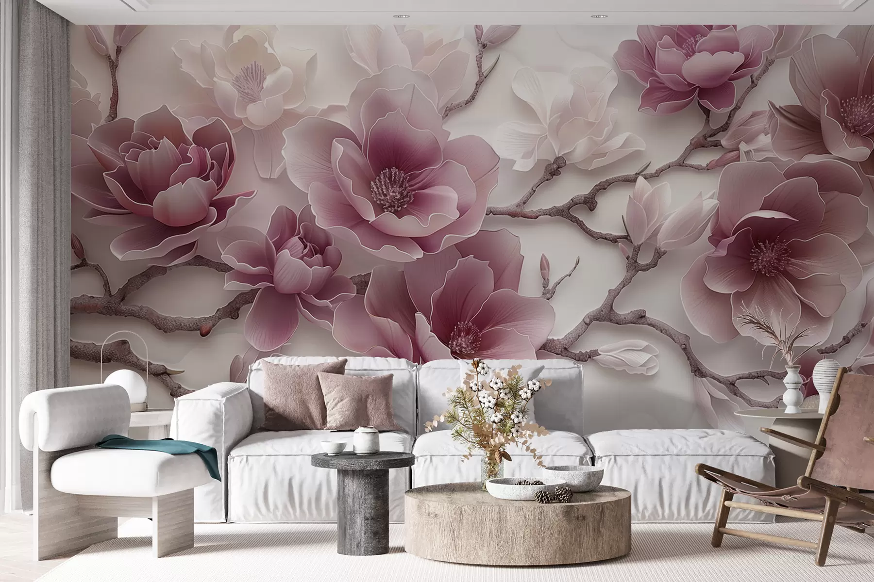 murales de pared Flores de magnolia rosadas en relieve en una rama elegante w01359v2