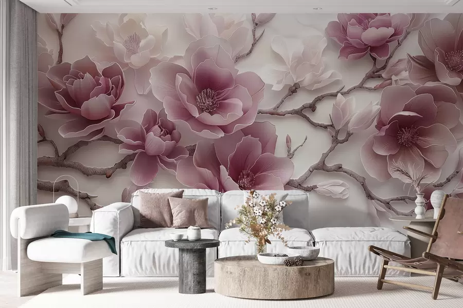 murales de pared Flores de magnolia rosadas en relieve en una rama elegante w01359v2