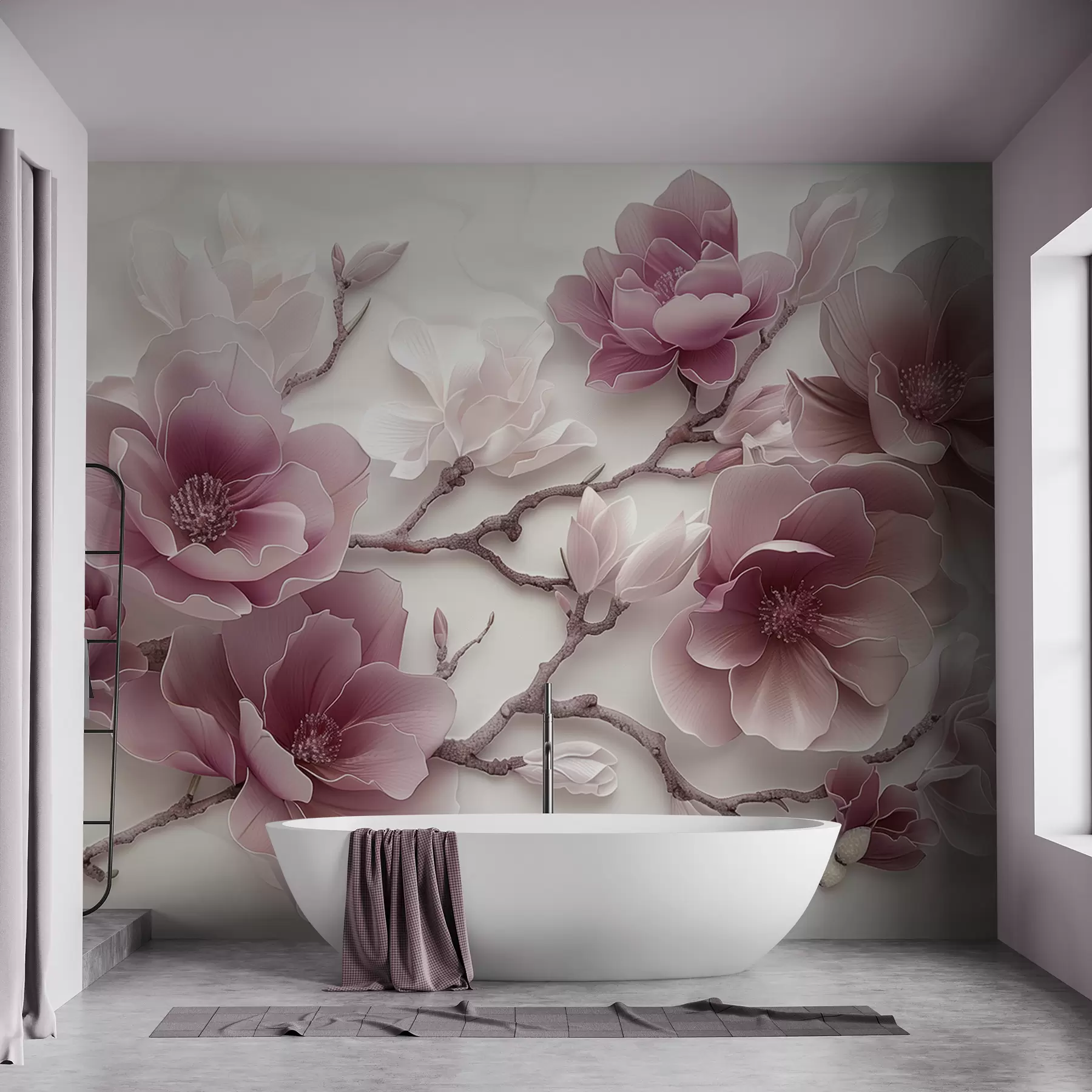 murales de pared Flores de magnolia rosadas en relieve en una rama elegante w01359v2