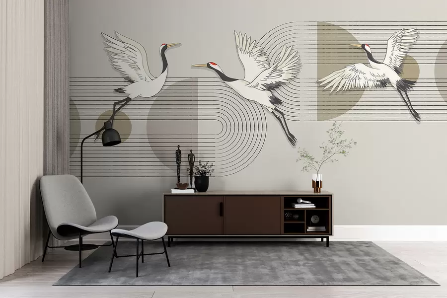 murales de pared Tres grullas blancas en vuelo sobre un fondo geométrico minimalista con círculos concéntricos w08188