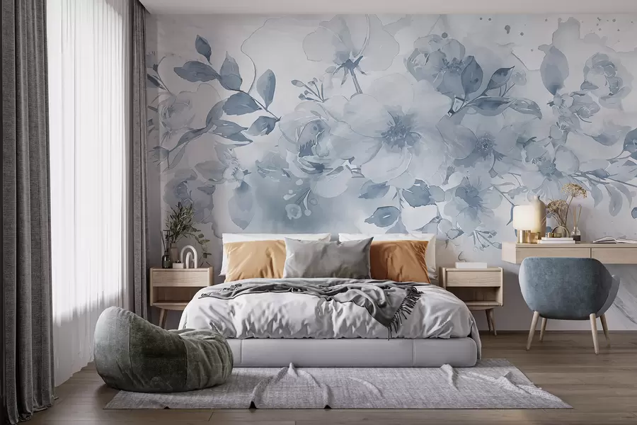 murales de pared Patrón floral suave y difuminado en tonos grises y blancos, con delicadas flores y hojas. w08189